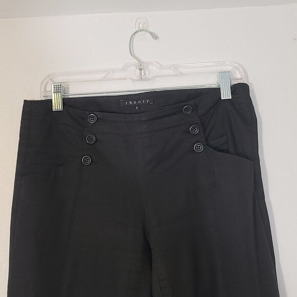 Theory Cotton Twill Flare Leg Pant Black Double Side Button Placket Front Size 6 - Picture 3 of 7